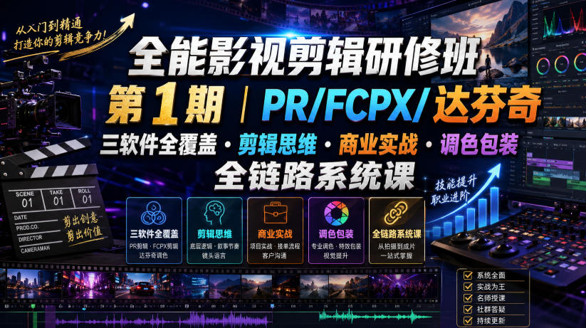 全能影视剪辑研修班第1期｜PR/FCPX/达芬奇三软件全覆盖・剪辑思维・商业实战・调色包装全链路系统课 - 臻优资源网