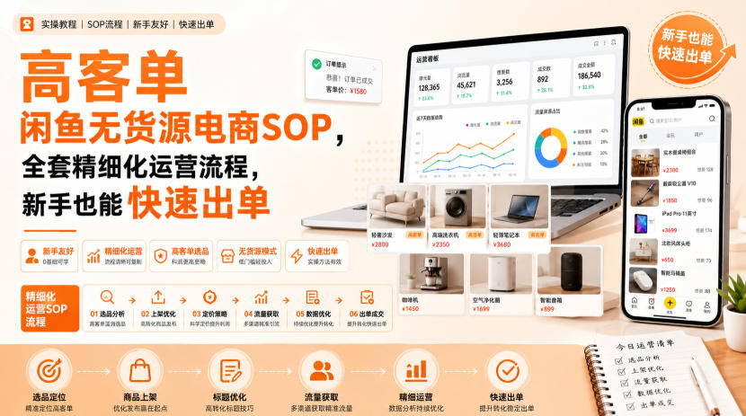 高客单闲鱼无货源电商SOP，全套精细化运营流程，新手也能快速出单 - 臻优资源网