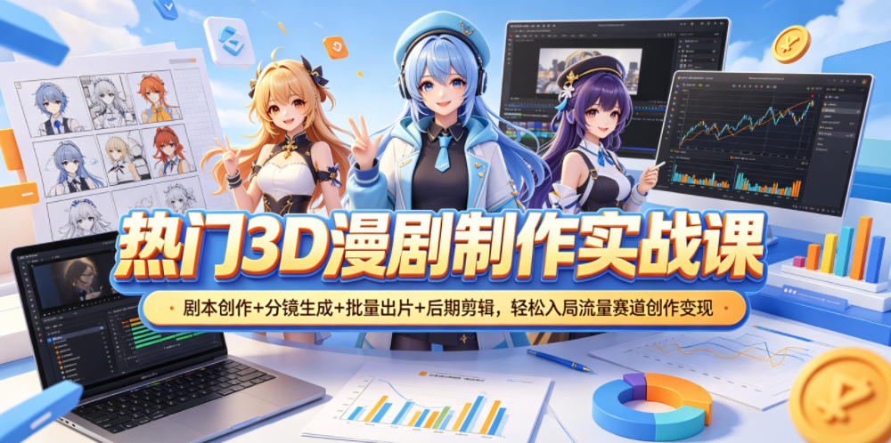 热门3D漫剧制作实战课，剧本创作+分镜生成+批量出片+后期剪辑，轻松入局流量赛道创作变现 - 臻优资源网