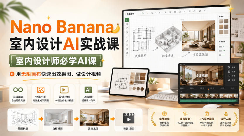 Nano Banana室内设计AI实战课，室内设计师必学AI课，用无限画布快速出效果图、做设计视频 - 臻优资源网