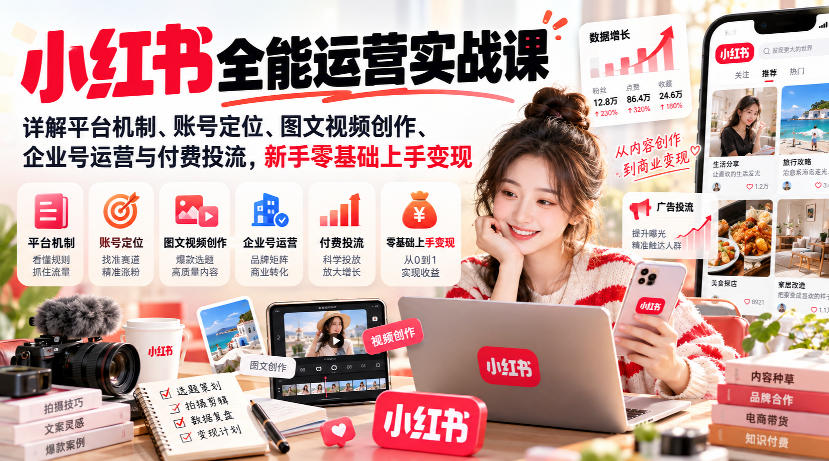 小红书全能运营实战课，详解平台机制、账号定位、图文视频创作、企业号运营与付费投流，新手零基础上手变现 - 臻优资源网