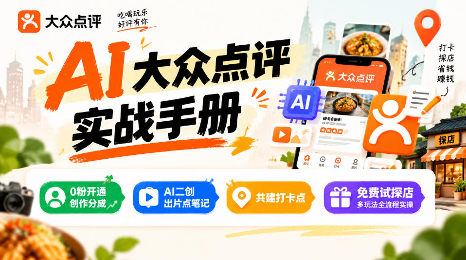 某局的AI大众点评实战手册，0粉开通创作分成、AI二创出片点笔记、共建打卡点、免费试探店多玩法全流程实操 - 臻优资源网