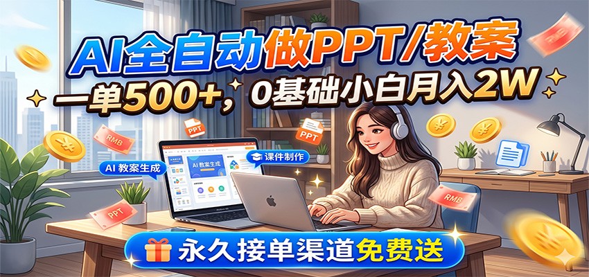 AI全自动做PPT/教案，一单500+，0基础小白月入2W，永久接单渠道免费送 - 臻优资源网