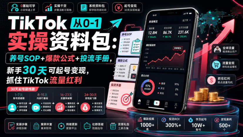 TikTok从0-1实操资料包：养号SOP+爆款公式+投流手册，新手30天可起号变现，抓住TikTok流量红利 - 臻优资源网