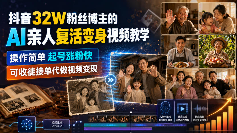 抖音32W粉丝博主的AI亲人复活变身视频教学，操作简单，起号涨粉快，可收徒接单代做视频变现 - 臻优资源网