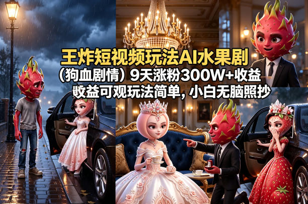 王炸短视频玩法AI水果剧（狗血剧情）9天涨粉300W+收益可观玩法简单，小白无脑照抄，详细拆解玩法 - 臻优资源网