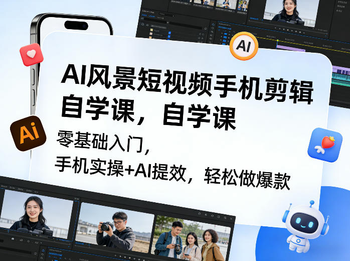 AI风景短视频手机剪辑自学课，零基础入门，手机实操+AI提效，轻松做爆款 - 臻优资源网
