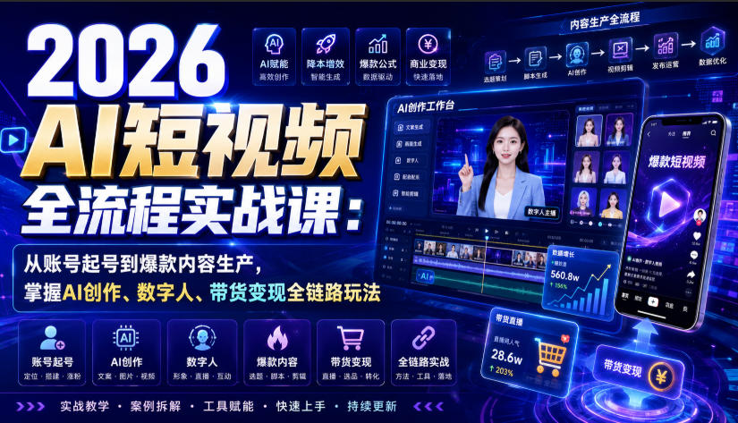 2026 AI短视频全流程实战课：从账号起号到爆款内容生产，掌握AI创作、数字人、带货变现全链路玩法 - 臻优资源网