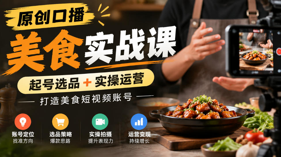 原创口播美食实战课,起号选品+实操运营,打造美食短视频账号 - 臻优资源网