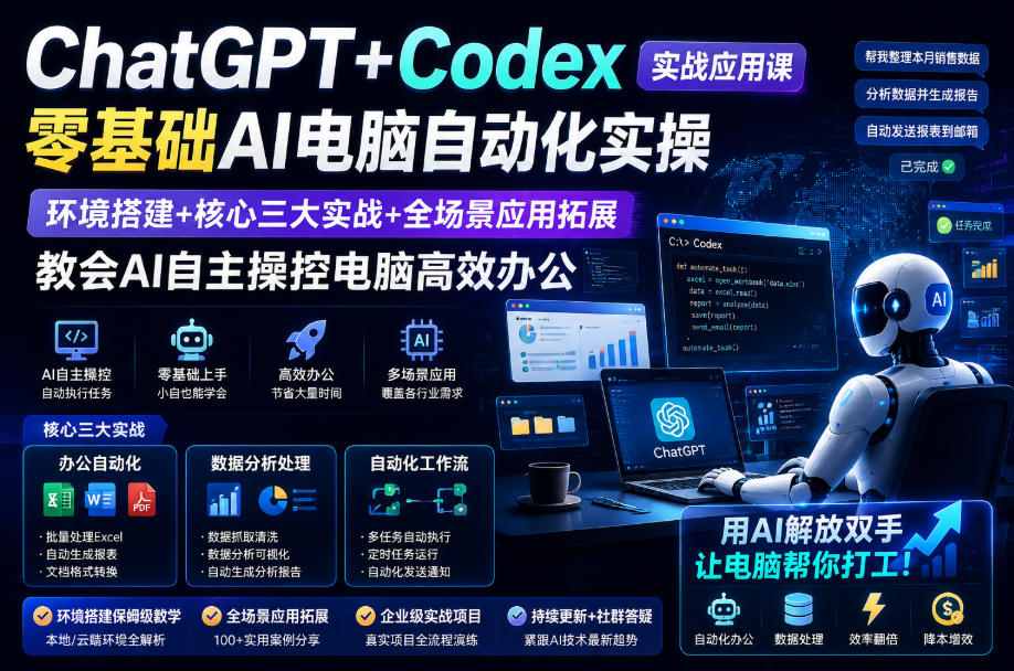 ChatGPT+Codex实战应用课｜零基础AI电脑自动化实操，环境搭建+核心三大实战+全场景应用拓展，教会AI自主操控电脑高效办公 - 臻优资源网