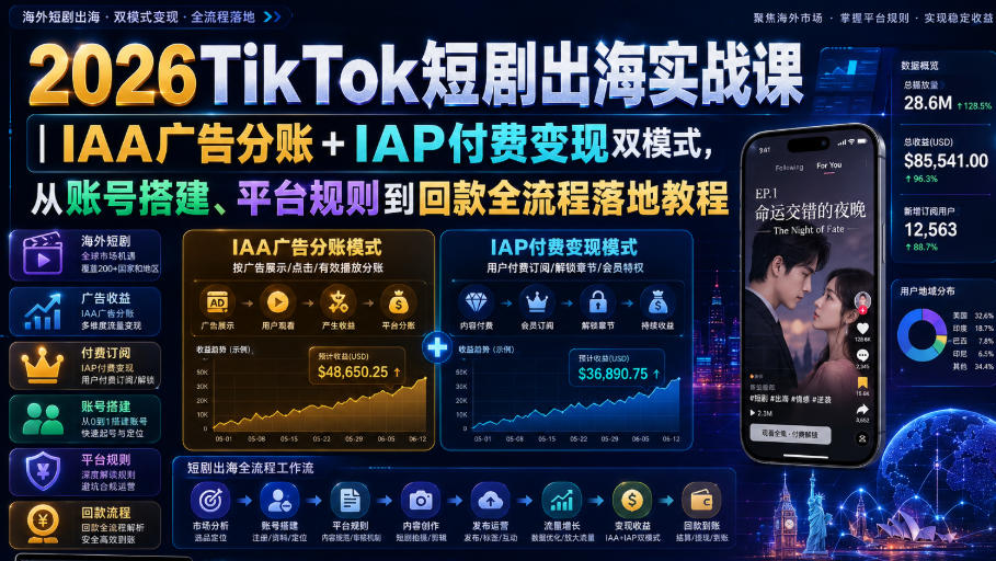 2026TikTok短剧出海实战课｜IAA广告分账+IAP付费变现双模式，从账号搭建、平台规则到回款全流程落地教程 - 臻优资源网