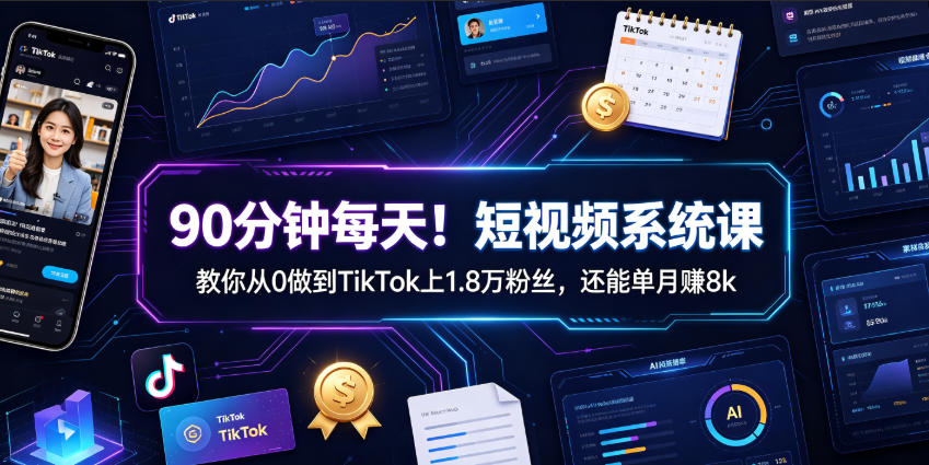 90分钟每天！短视频系统课教你从0做到TikTok上1.8万粉丝，还能单月賺8k【原创双语字幕】 - 臻优资源网