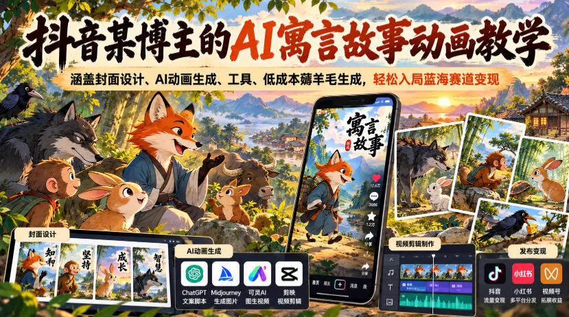 抖音某博主的AI寓言故事动画教学，涵盖封面设计、AI动画生成、工具、低成本薅羊毛生成，轻松入局蓝海赛道变现 - 臻优资源网