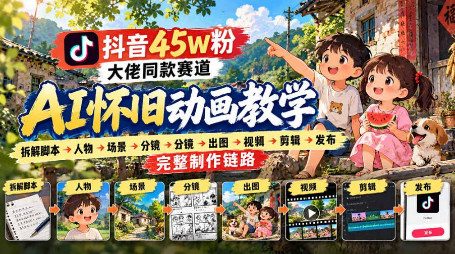 抖音45W粉大佬同款赛道AI怀旧动画实战课：拆解脚本→人物→场景→分镜→出图→视频→剪辑→发布完整制作链路 - 臻优资源网