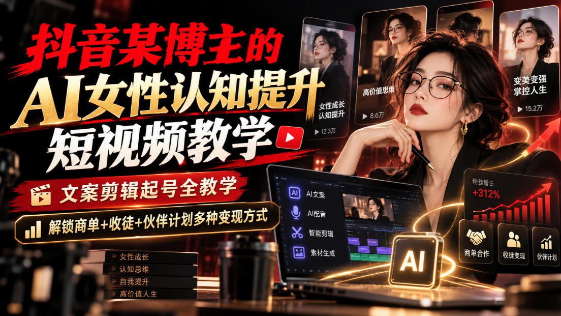 抖音某博主的Ai女性认知提升短视频教学，文案剪辑起号全教学，解锁商单+收徒+伙伴计划多种变现方式 - 臻优资源网