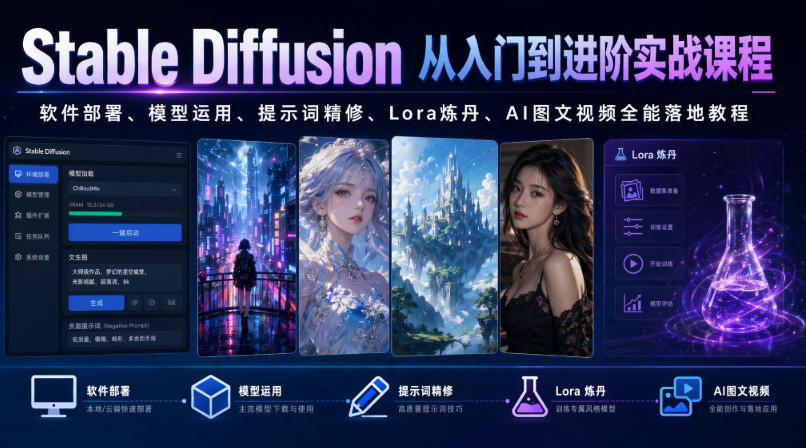 Stable Diffusion从入门到进阶实战课程｜软件部署、模型运用、提示词精修、Lora炼丹、AI图文视频全能落地教程 - 臻优资源网