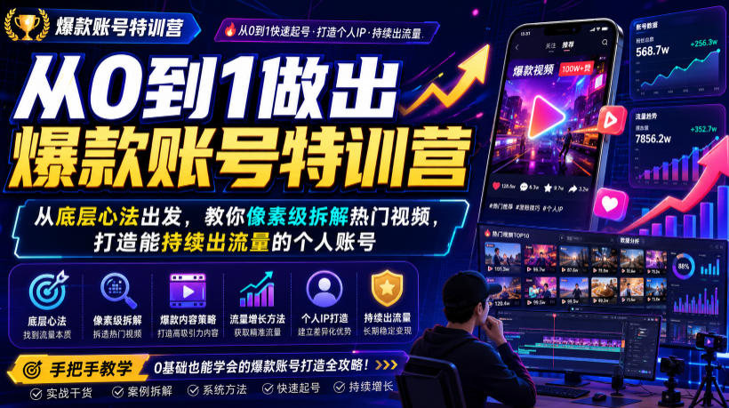 从0到1做出爆款账号特训营，从底层心法出发，教你像素级拆解热门视频，打造能持续出流量的个人账号 - 臻优资源网