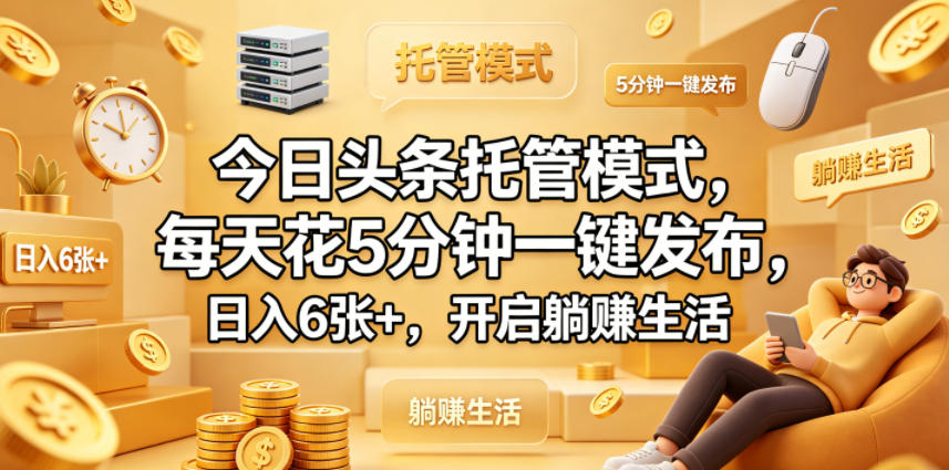 今日头条托管模式，每天花5分钟一键发布，日入6张+，开启躺賺生活【揭秘】 - 臻优资源网