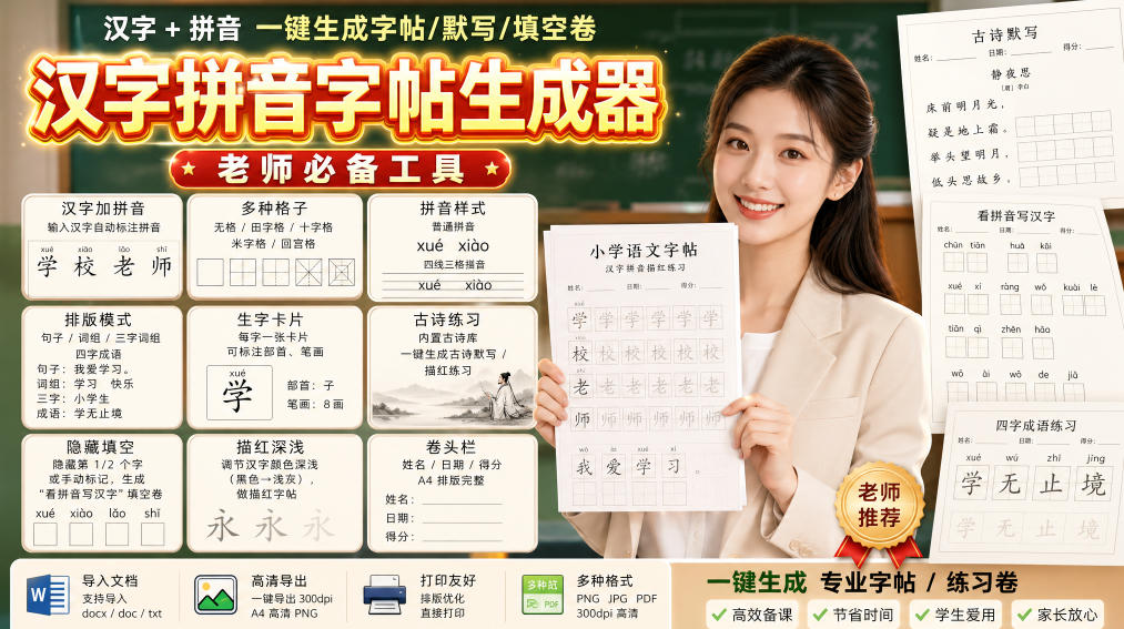 学习神器，汉字拼音字帖生成器，汉字+拼音 一键生成字帖/默写/填空卷，支持词组、成语，老师、家长必备 - 臻优资源网