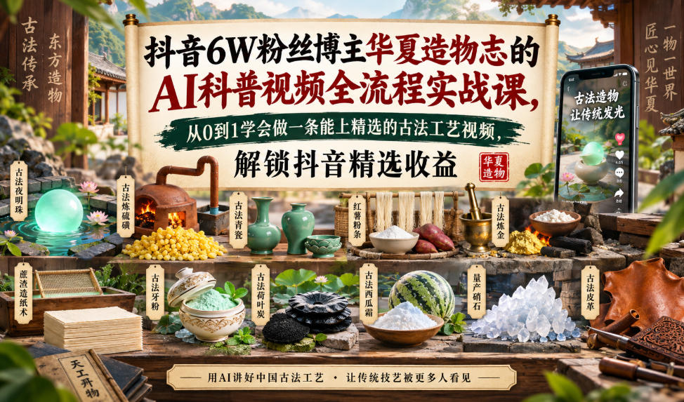 抖音6W粉丝博主华夏造物志的AI科普视频全流程实战课，从0到1学会做一条能上精选的古法工艺视频，解锁抖音精选收益 - 臻优资源网