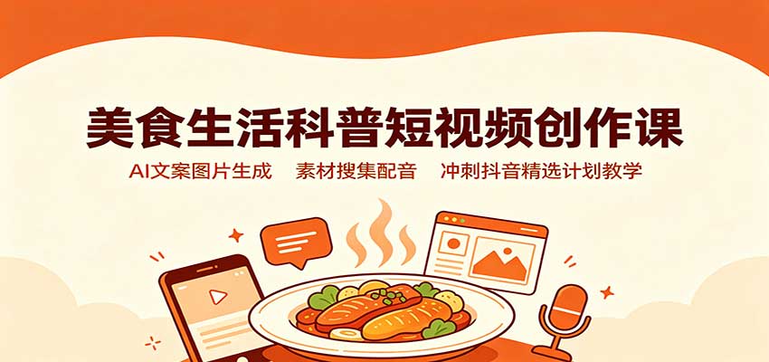 美食生活科普短视频创作课：AI文案图片生成，素材搜集配音，冲刺抖音精选计划教学 - 臻优资源网
