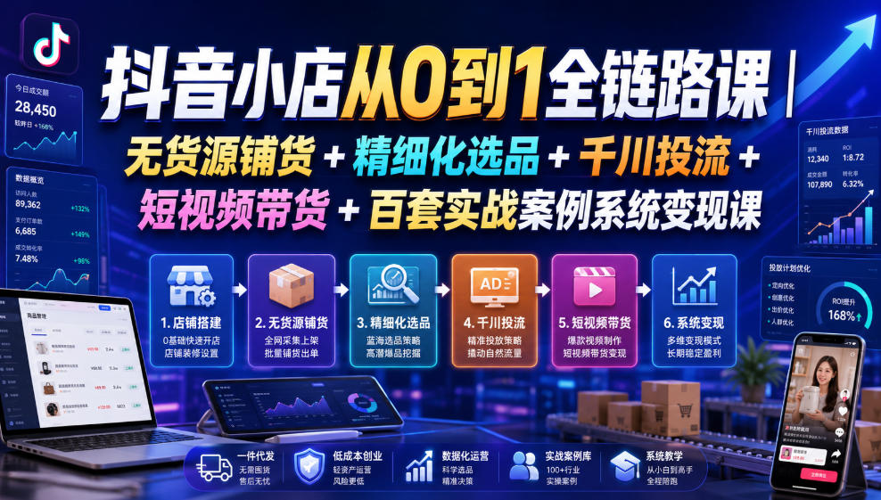 抖音小店从0到1全链路课｜无货源铺货+精细化选品+千川投流+短视频带货+百套实战案例系统变现课（2026年7月更新） - 臻优资源网