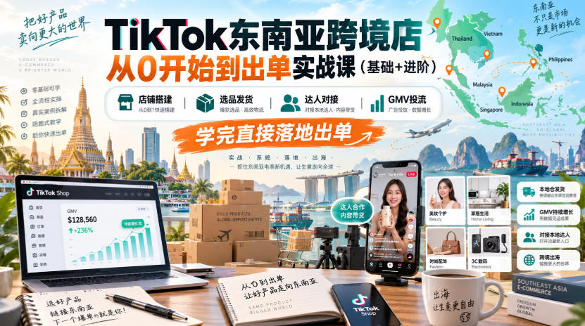 TikTok东南亚跨境店从0开始到出单实战课(基础+进阶),店铺搭建、选品发货、达人对接、GMV投流,学完直接落地出单 - 臻优资源网