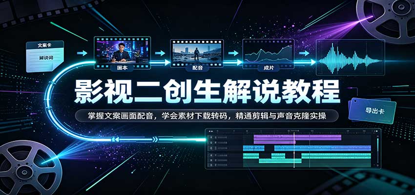 影视二创解说教程：掌握文案画面配音，学会素材下载转码，精通剪辑与声音克隆实操 - 臻优资源网