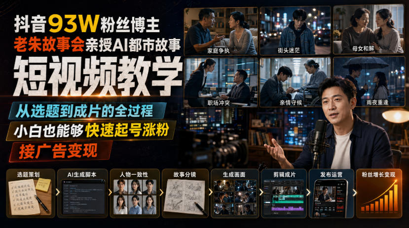 抖音93W粉丝博主老朱故事会亲授AI都市故事短视频教学，从选题到成片的全过程，小白也能够快速起号涨粉接广告变现 - 臻优资源网