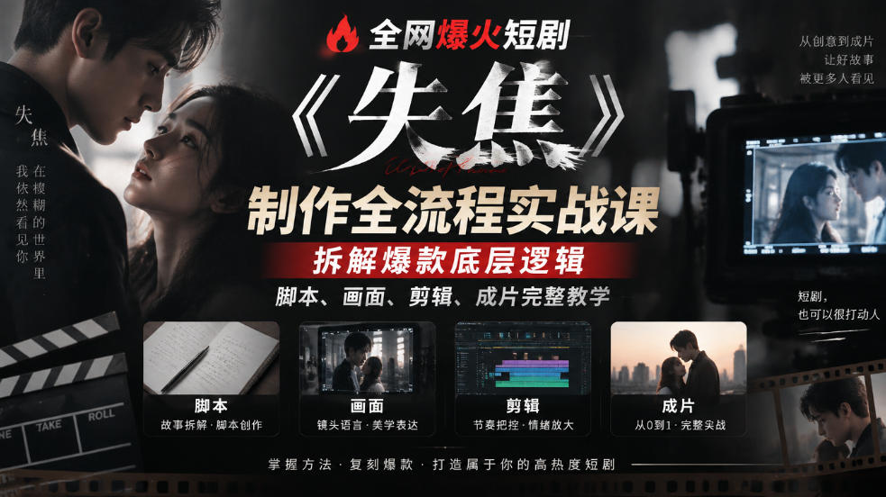 全网爆火短剧《失焦》制作全流程实战课｜拆解爆款底层逻辑，脚本、画面、剪辑、成片完整教学 - 臻优资源网
