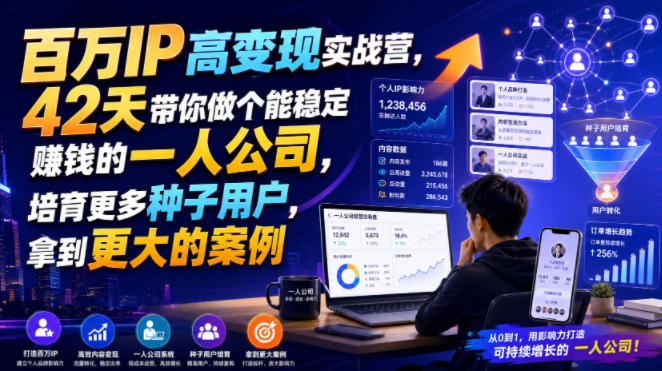 百万IP高变现实战营，42天带你做个能稳定賺钱的一人公司，培育更多种子用户，拿到更大的案例 - 臻优资源网