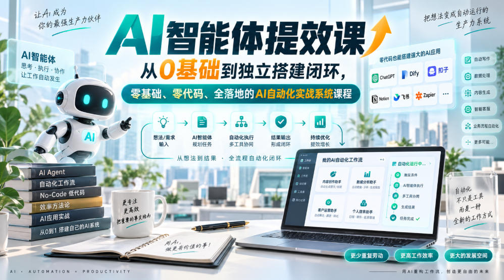 AI智能体提效课，从0基础到独立搭建闭环，零基础、零代码、全落地的AI自动化实战系统课程 - 臻优资源网