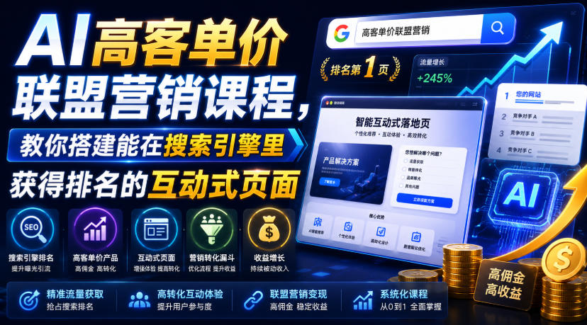 AI高客单价联盟营销课程，教你搭建能在搜索引擎里获得排名的互动式页面，引来流量，把访客转化为高佣金的成交【原创双语字幕】 - 臻优资源网