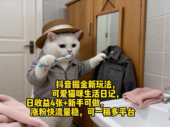 抖音掘金新玩法，可爱猫咪生活日记，日收益4张+新手可做，涨粉快流量稳，可一稿多平台 - 臻优资源网