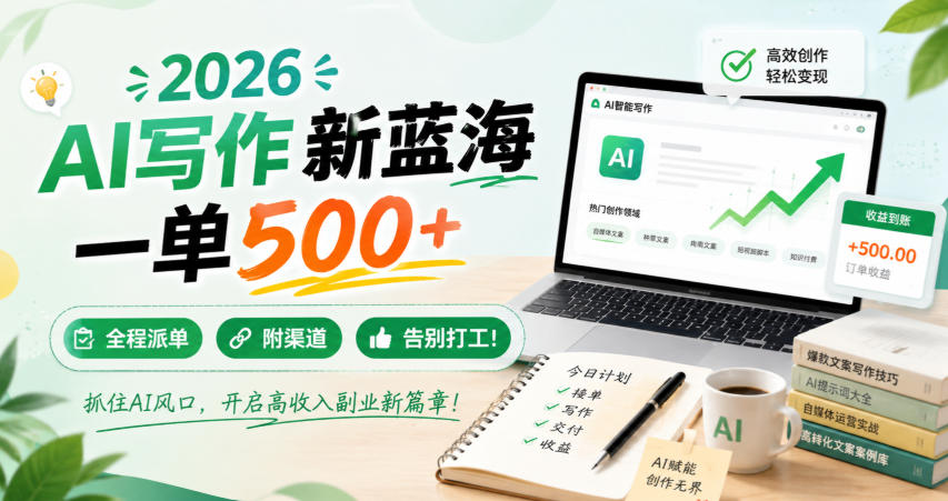 2026 AI写作新蓝海，一单500+，全程派单，附渠道，告别打工！【揭秘】 - 臻优资源网