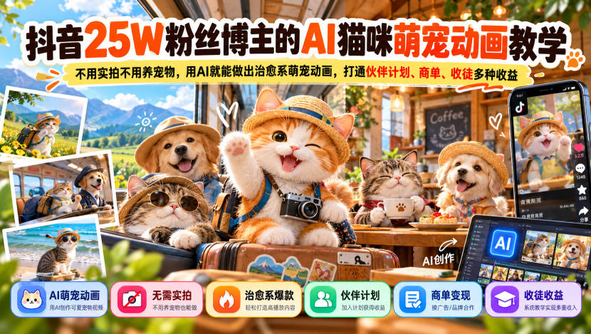 抖音25W粉丝博主的AI猫咪萌宠动画教学，不用实拍不用养宠物，用AI就能做出治愈系萌宠动画，打通伙伴计划、商单、收徒多种收益 - 臻优资源网