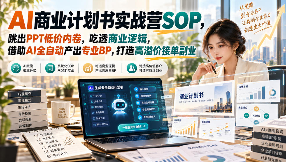【无水印】AI商业计划书实战营SOP，跳出PPT低价内卷，吃透商业逻辑，借助AI全自动产出专业BP，打造高溢价接单副业 - 臻优资源网