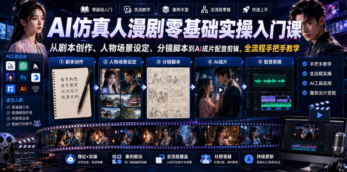 AI仿真人漫剧零基础实操入门课，从剧本创作、人物场景设定、分镜脚本到AI成片配音剪辑，全流程手把手教学 - 臻优资源网