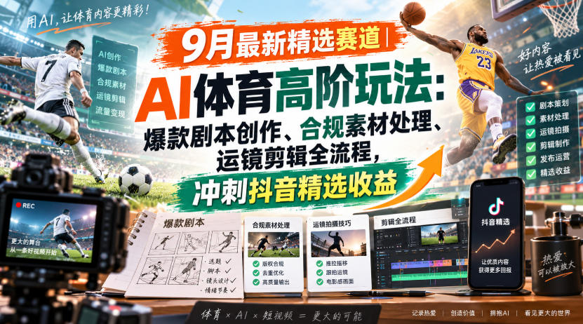 某大佬的9月最新精选赛道之AI体育顶级玩法，爆款剧本创作、版权规避、运镜剪辑全流程，稳拿抖音精选收益 - 臻优资源网