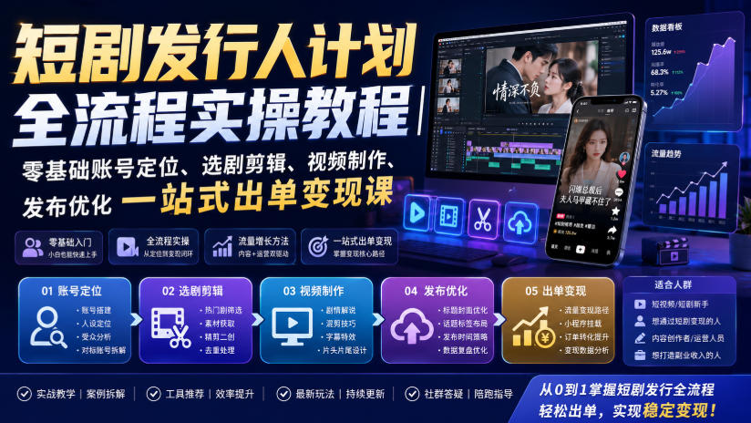 短剧发行人计划全流程实操教程｜零基础账号定位、选剧剪辑、视频制作、发布优化一站式出单变现课​ - 臻优资源网