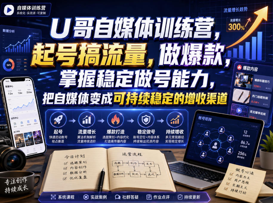 U哥自媒体训练营，起号搞流量，做爆款，掌握稳定做号能力，把自媒体变成可持续稳定的增收渠道 - 臻优资源网