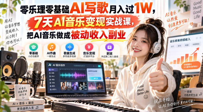 零乐理零基础AI写歌月入过1W，7天AI音乐变现实战课，把AI音乐做成被动收入副业 - 臻优资源网