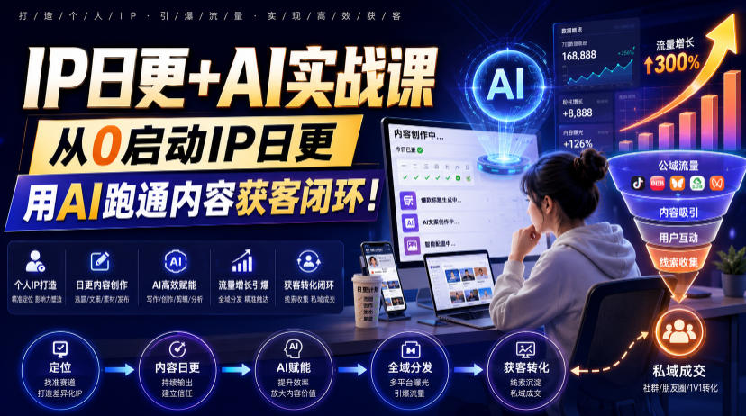 IP日更+AI实战课，从0启动IP日更，IP置顶视频制作+100条选题库搭建+10条日更规划，用AI跑通内容获客闭环! - 臻优资源网