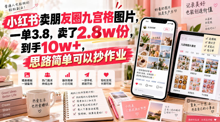 小红书卖朋友圈九宫格图片，一单3.8，卖了2.8w份，到手10w+，思路简单可以抄作业 - 臻优资源网