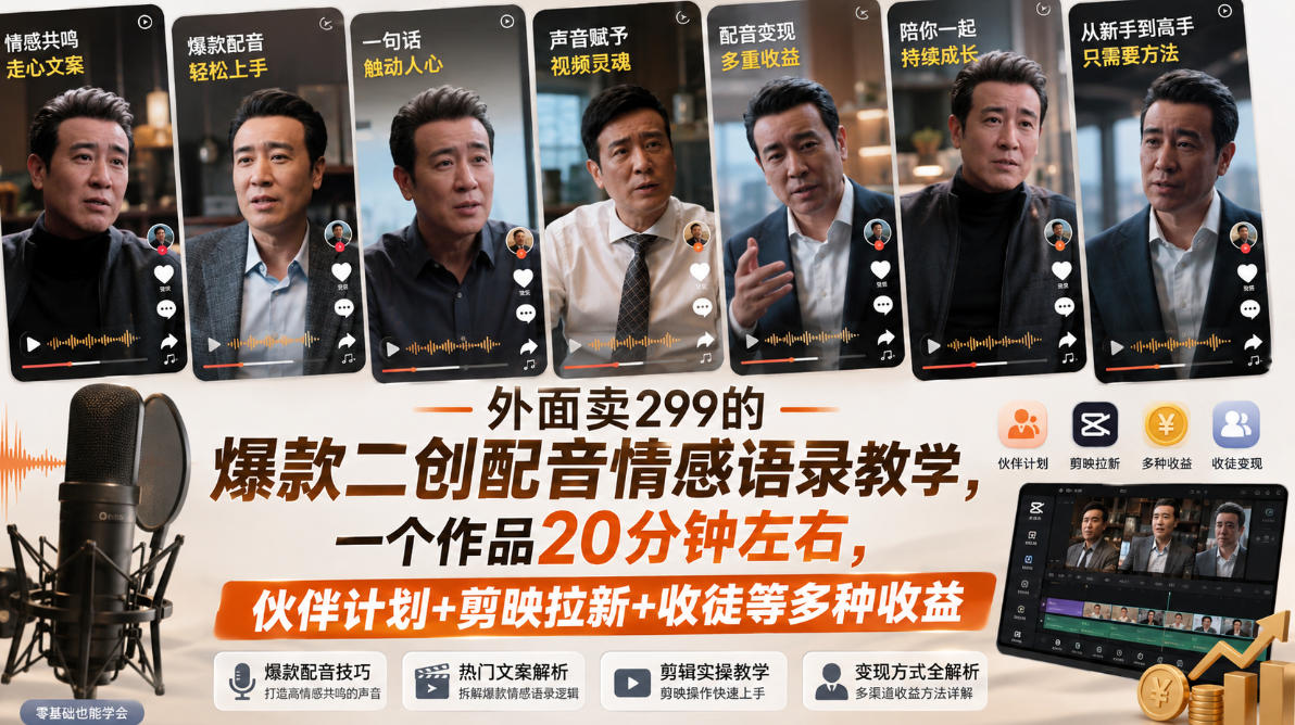 外面卖299的爆款二创配音情感语录教学，一个作品20分钟左右，伙伴计划+剪映拉新+收徒等多种收益 - 臻优资源网