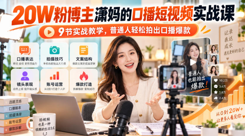 20W粉博主潇妈的口播短视频实战课，9节实战教学，普通人轻松拍出口播爆款 - 臻优资源网