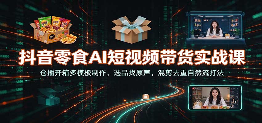 抖音零食AI短视频带货实战课：仓播开箱多模板制作，选品找原声，混剪去重自然流打法 - 臻优资源网