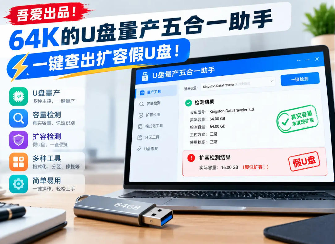 吾爱出品！64K的U盘量产五合一助手，一键查出扩容假U盘！ - 臻优资源网