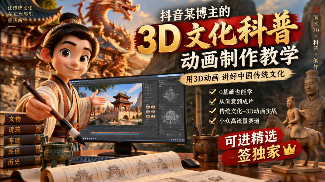 抖音某博主的3D文化科普动画制作教学，用3D动画呈现中国传统文化，可进精选签独家，单日收益1k+ - 臻优资源网