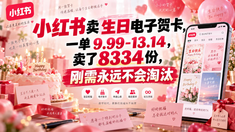 小红书卖生日电子贺卡，一单9.99-13.14，卖了8334份，刚需永远不会淘汰 - 臻优资源网